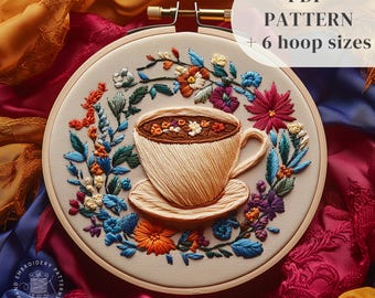Coffee Cup Embroidery Pattern, Floral Coffee Mug Hand Embroidery PDF Design, Floral Stitching, Coffee Lovers Handmade Gift, Digital Download
