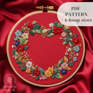 Flowers Wreath Hand Embroidery Design, Wedding Embroidery  PDF Pattern, Heart Shaped Floral Wreath Stitching Template, Digital Download