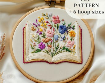 Bookish Hand Embroidery Pattern, Floral Book Embroidery Design, Flower Book Stitching Pattern, Digital Embroidery Hoop Art, Digital Download