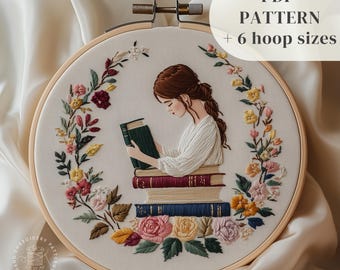 Reading Woman Embroidery PDF Pattern, Female and Books Hand Embroidery Design, Modern DIY Embroidery Template, Bookish Stitching Pattern
