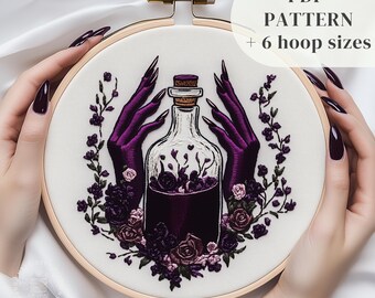 Gothic Hand Embroidery Design, Witchy Embroidery Pattern, Wiccan Stitching Template, Witch Hands And Magic Potion, Printable Embroidery PDF
