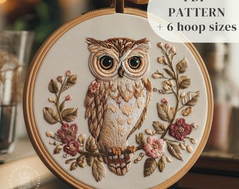 Diseño de bordado a mano de búho del bosque, patrón de bordado de pájaro del bosque, PDF de bordado imprimible, patrón de costura de animales, arte de bordado DIY