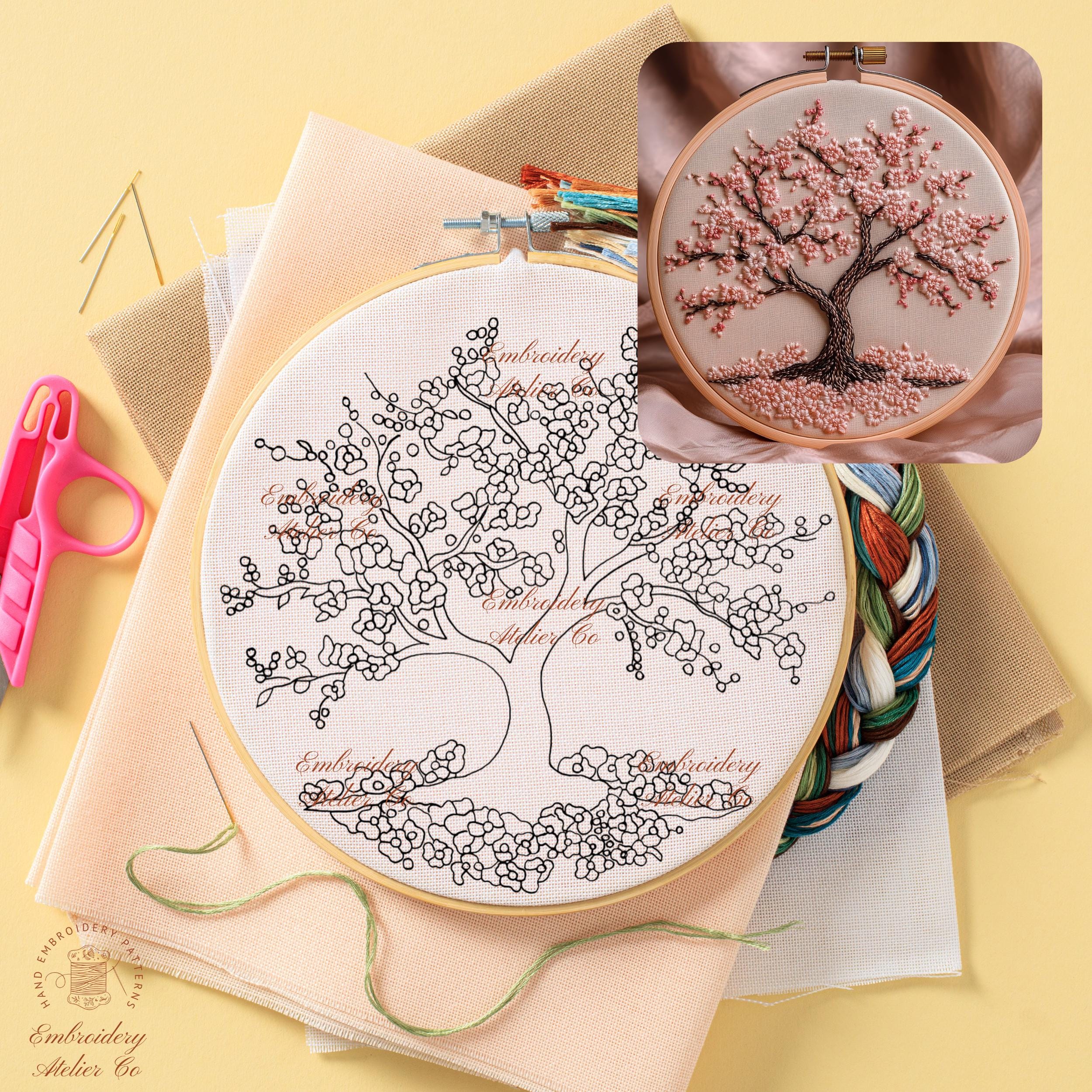 Cherry Blossoms Hand Embroidery Design, Pink Sakura Tree Embroidery PDF ...