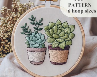Patrón de bordado a mano de plantas suculentas, diseño de bordado fácil para principiantes, plantilla botánica para coser a mano, patrón de manualidades para amantes de las plantas.