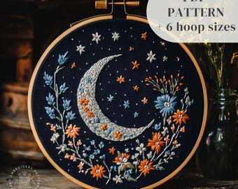 花と三日月をモチーフにした手刺繍パターン、天体刺繍デザイン、魔女風