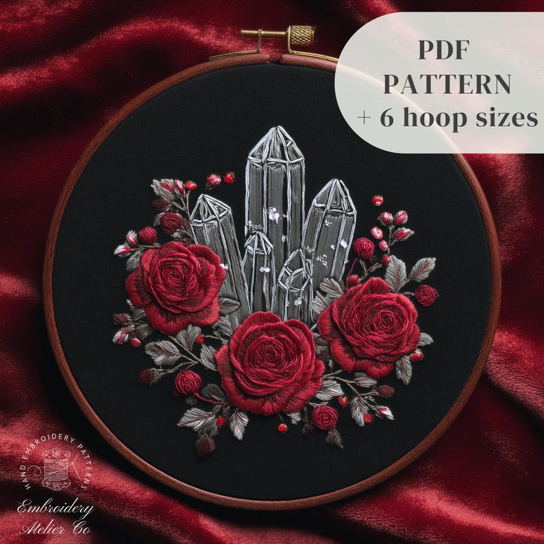 Gothic Witchy Hand Embroidery Design, Crystals and Rose Flowers Pattern ...