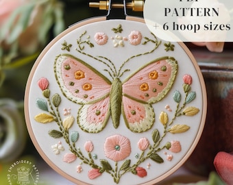 Floral Moth Hand Embroidery Design, Insect Embroidery PDF Pattern, Botanical Stitching Template for Beginners, Whimsical Embroidery Download