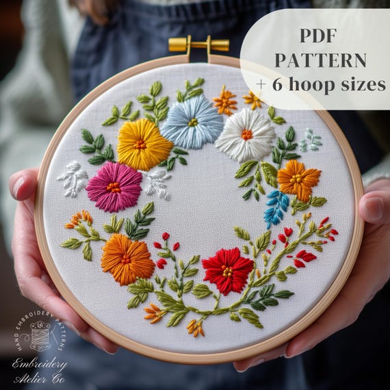 花輪刺繍パターン、初心者向け手刺繍デザイン、ボタニカルステッチ