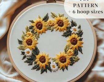 Flowers Wreath Hand Embroidery Design, Sunflowers Embroidery PDF Pattern, Summer DIY Stitching Pattern, Botanical Embroidery Art Template