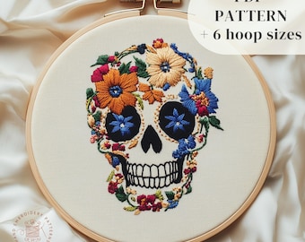 Flowers Skull Hand Embroidery Pattern, Halloween Embroidery Design