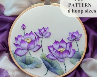 蓮の花刺繍布製アイテム アジア風蓮の花の刺繍デザイン、紫の蓮の手刺繍パターン、花畑の刺繍