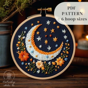 Crescent Moon Embroidery Design, Celestial Embroidery PDF Pattern, Floral Moon Hand Embroidery Template, Beginner Friendly, Digital Download