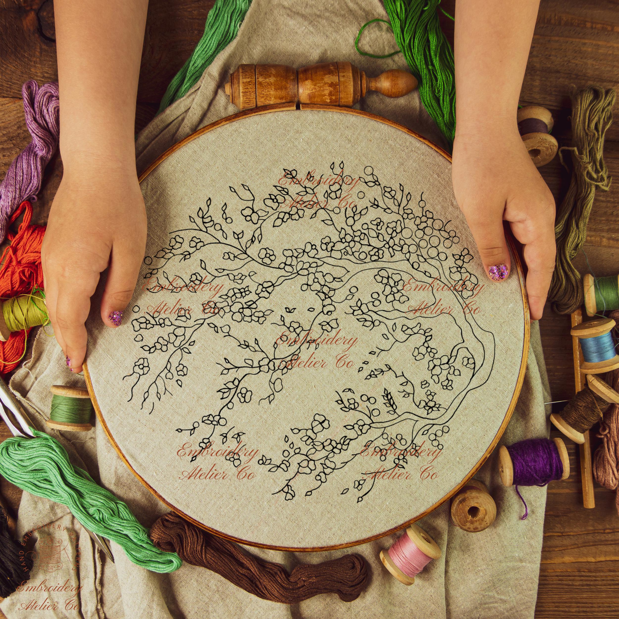 桜の花の刺繍PDFパターン、桜の手刺繍デザイン、植物刺繍テンプレート