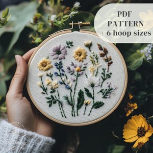 Wildflowers Hand Embroidery Pattern, Floral Embroidery Design, Botanical Hand Stitching Template, Needlepoint Pattern, Digital Download