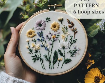 Handborduurpatroon met wilde bloemen, bloemenborduurontwerp, sjabloon voor botanische handstiksels, borduurpatroon, digitale download