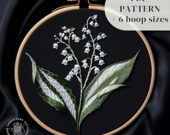 Handborduurpatroon lelietje-van-dalen, pdf-ontwerp met witte bloemen borduurwerk, afdrukbare botanische borduurwerk, digitaal stikpatroon