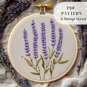 Lila Lavendel Handstickerei Anleitung, Blumen Stickerei PDF Design, Anfänger Stickvorlage, DIY Stickerei Kunst, digitaler Download