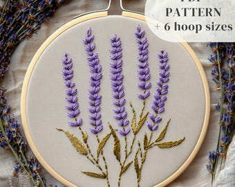 Purple Lavender Hand Embroidery Pattern, Flowers Embroidery PDF Design, Beginners Embroidery Template, DIY Embroidery Art, Digital Download
