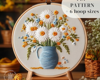 Vase of Daisies Hand Embroidery Pattern, Spring Embroidery Design, Flowers Stitching Template, Botanical DIY Embroidery, Digital Download