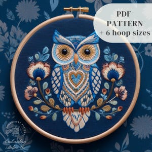 Owl Hand Embroidery Design, Forest Bird Embroidery Pattern, Animal Embroidery PDF Template, Woodland Stitching Pattern, Digital Embroidery