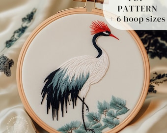 タンチョウヅルの刺繍デザイン、日本の鶴の鳥の刺繍パターン、動物の手