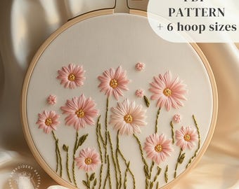 Meadow of Pink Daisies Embroidery Pattern, Spring Flowers Hand Embroidery Design, Botanical Embroidery Printable, Digital Stitching PDF