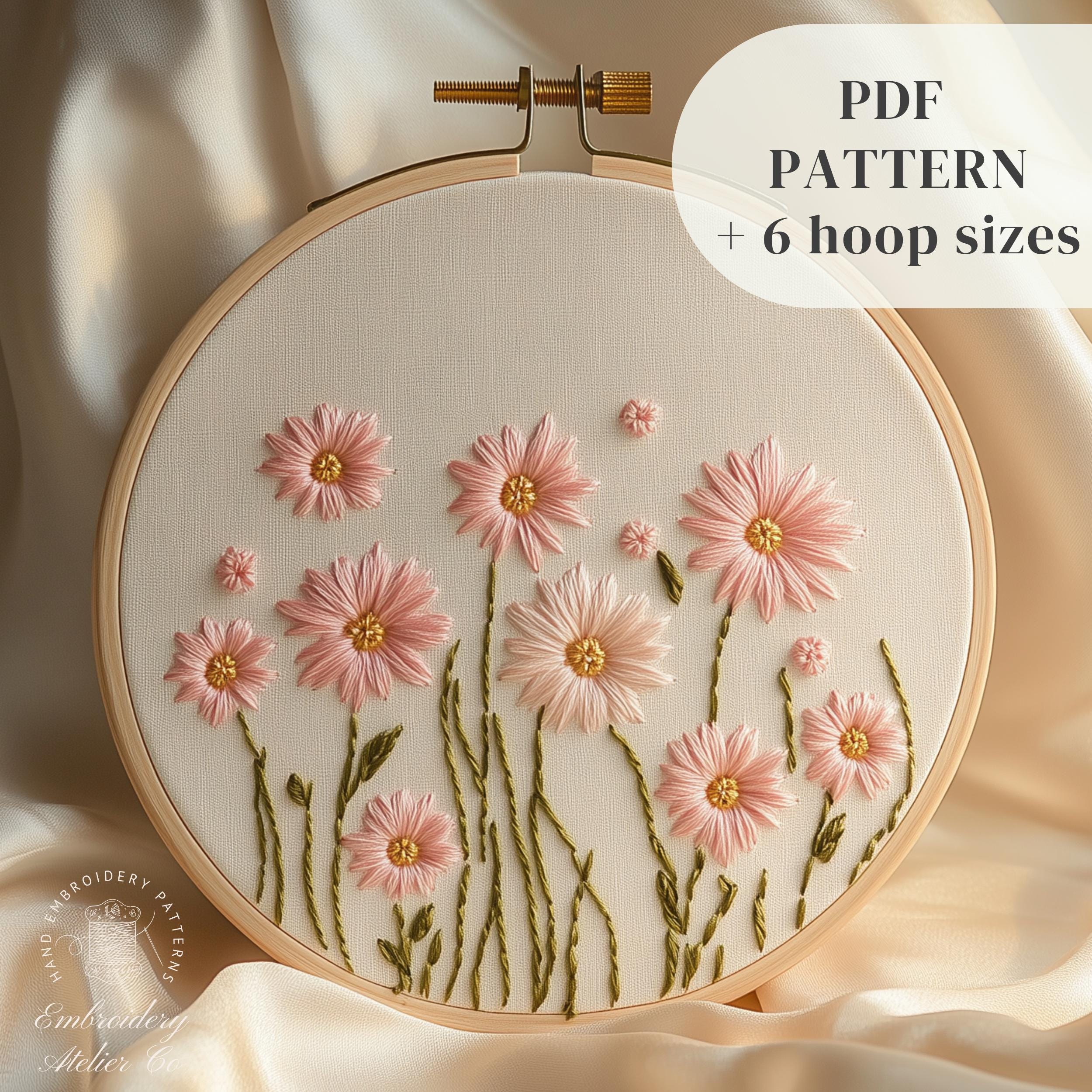ピンクのヒナギクの刺繍パターン、春の花の手刺繍デザイン、植物刺繍の
