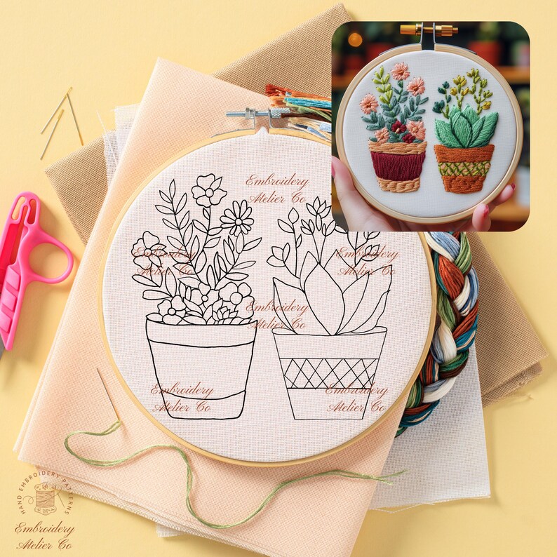 Potted Plants Embroidery Design, Botanical Hand Embroidery Pattern ...