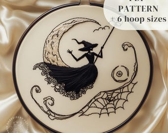 Witchy Hand Embroidery Pattern, Flying Witch Embroidery Design, Halloween Stitching Template, DIY Gothic Halloween Craft, Digital Download