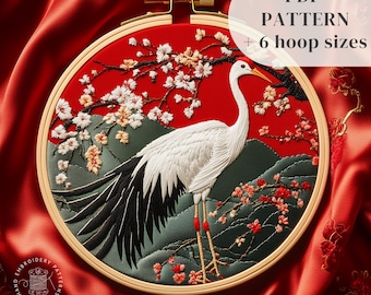 日本の鶴の刺繍デザイン、丹頂鶴の刺繍パターン、動物の手刺繍枠アート