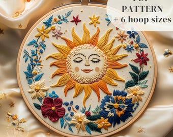 Celestial Hand Embroidery Pattern, Vibrant Sun Embroidery Design, Flowers DIY Embroidery Art, Stitching Craft Template, Digital Download