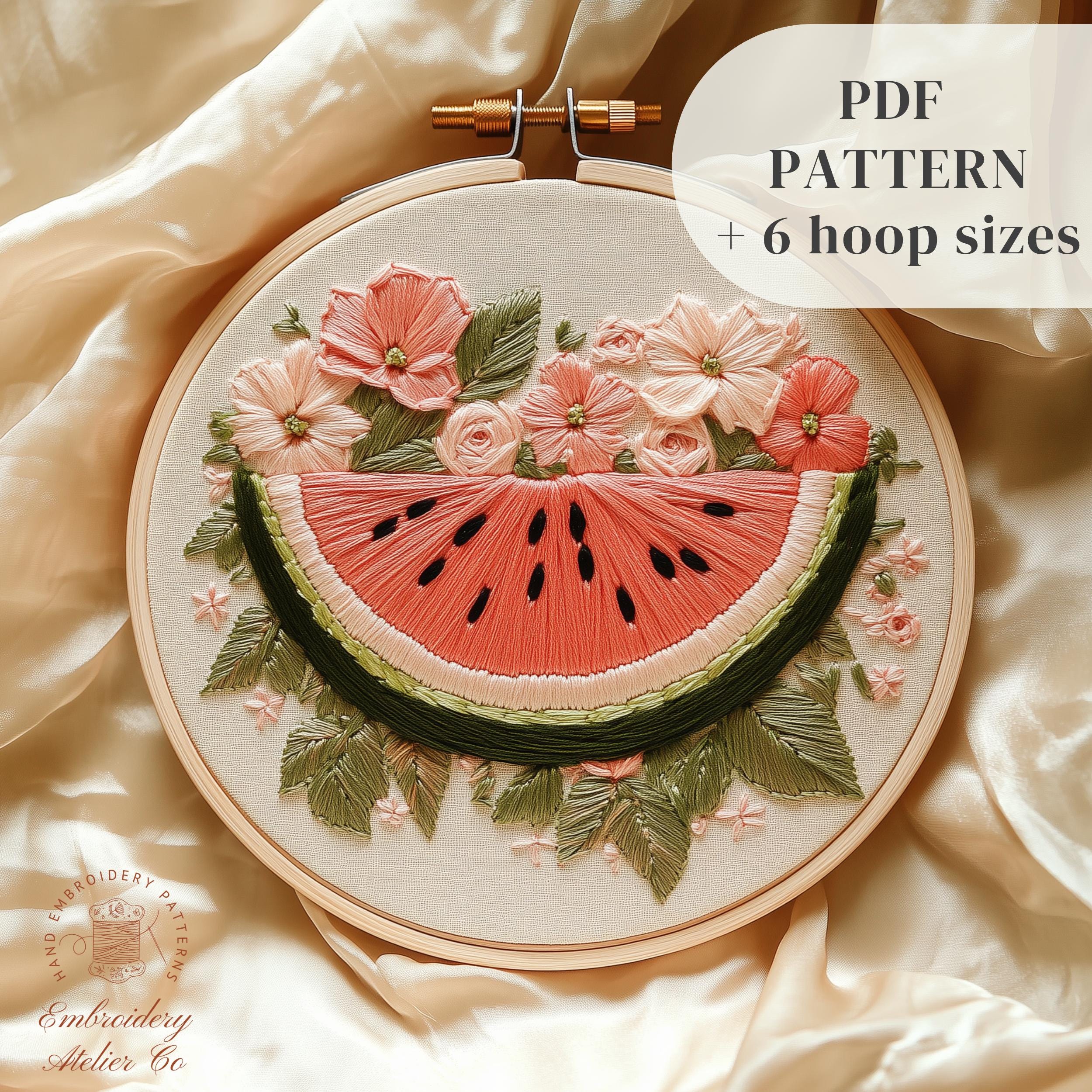 スイカの刺繍PDFパターン、夏のフルーツの手刺繍デザイン、食べ物の手