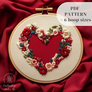 Flowers Wreath Embroidery Pattern, Heart Shaped Wreath Hand Embroidery Design, Wedding Stitching Pattern, Love Embroidery Craft Template