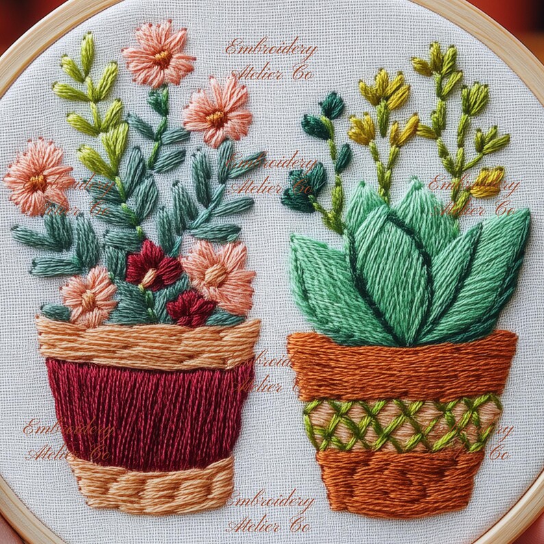 Potted Plants Embroidery Design, Botanical Hand Embroidery Pattern ...