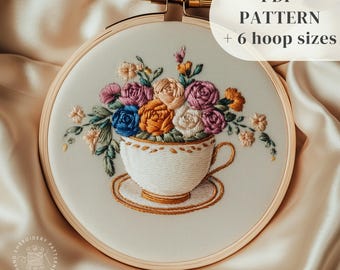 Coffee Cup Embroidery Pattern, Floral Coffee Mug Hand Embroidery PDF Design, Floral Stitching, Coffee Lovers Handmade Gift, Digital Download