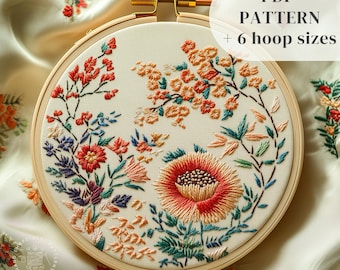 Schema per ricamo a mano di fiori giapponesi, disegno PDF per ricamo di fiori di bosco, modello di ricamo floreale, stampabile per principianti di arte fai-da-te