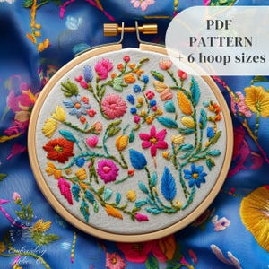 Flowers Embroidery PDF Pattern, Floral Hand Embroidery Design, Botanical Hand Stitching Pattern, Beginner DIY Embroidery Hoop Art Template