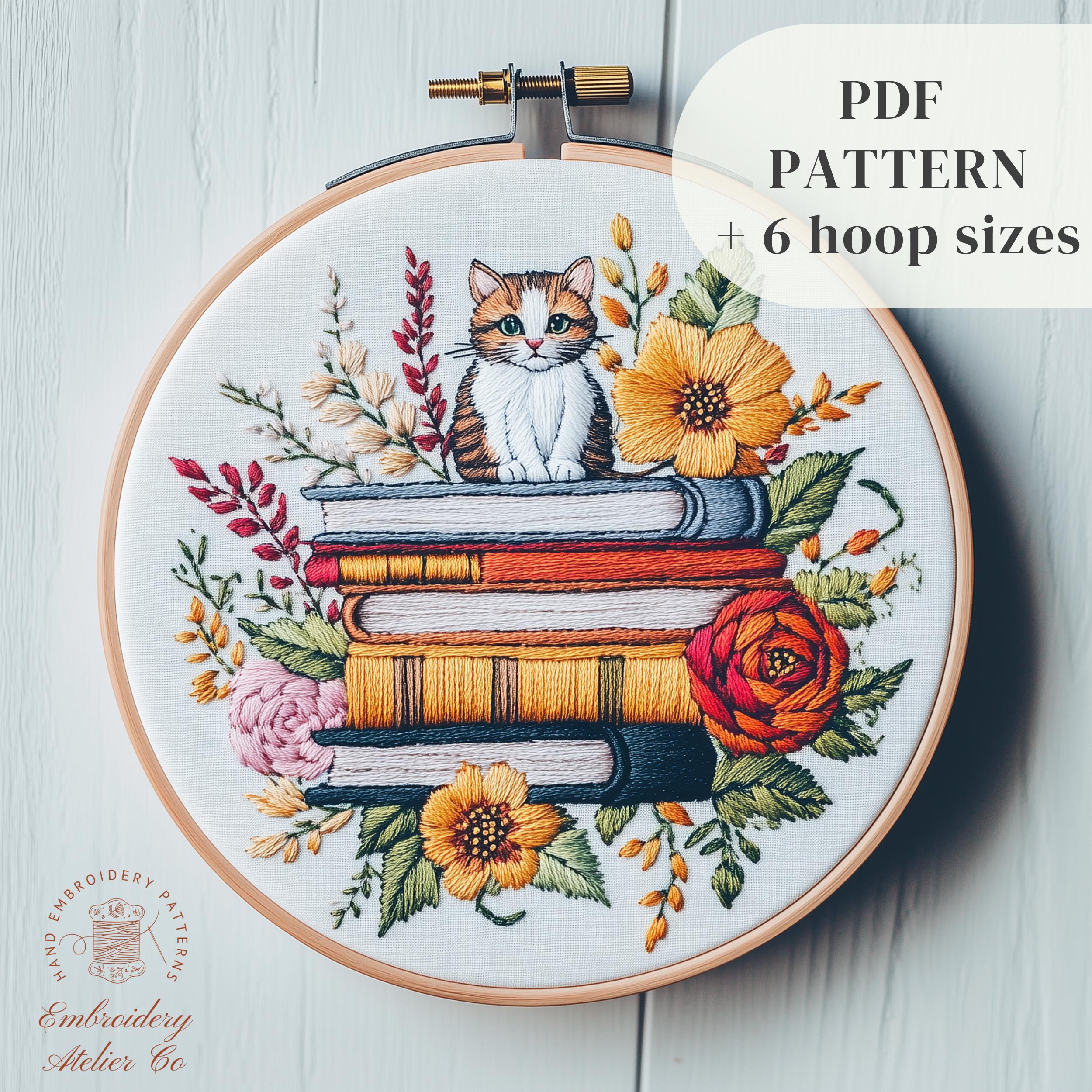 Bookish Hand Embroidery Pattern, Cute Cat and Books Embroidery Design, Modern DIY Embroidery Hoop Art Template, Book Lovers Craft Pattern