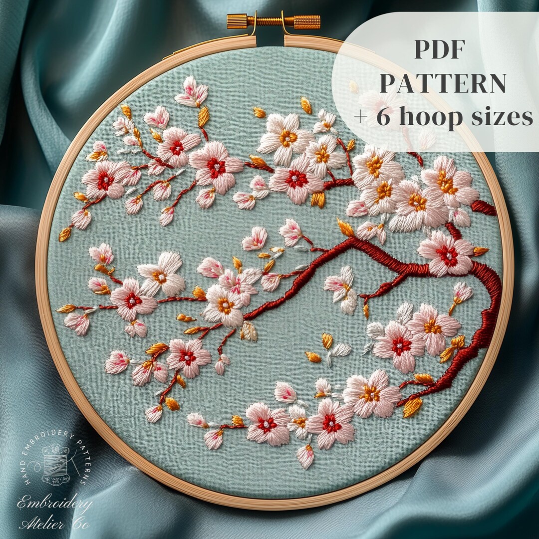 Cherry Blossoms Hand Embroidery Pattern, Pink Sakura Flowers Embroidery ...