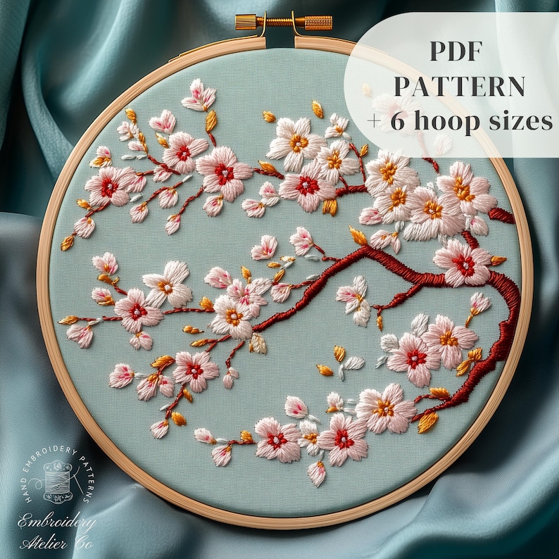Cherry Blossoms Hand Embroidery Pattern, Pink Sakura Flowers Embroidery ...