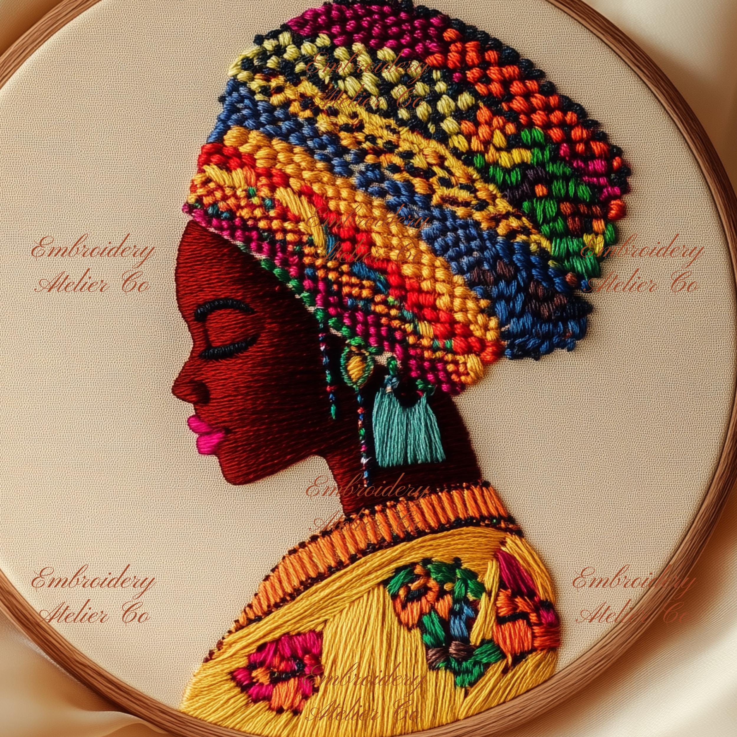 アフリカ系女性の手刺繍デザイン、アフロレディの刺繍PDFパターン