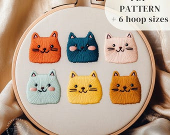 Schema PDF per ricamo di gatti carini, disegno per ricamo per principianti, modello artistico per ricamo fai da te di animali, ricamo per amanti dei gatti, download digitale