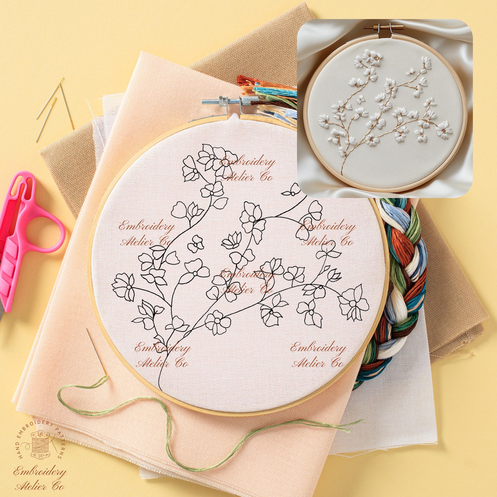 Blossom Hand Embroidery Pattern, Japanese Flowers Embroidery Design ...