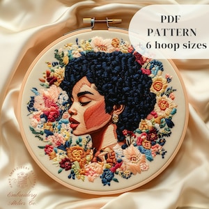 African Woman Hand Embroidery Pattern, Flowers Afro Lady Embroidery Design, Black Woman Stitching Template, Digital Download Embroidery
