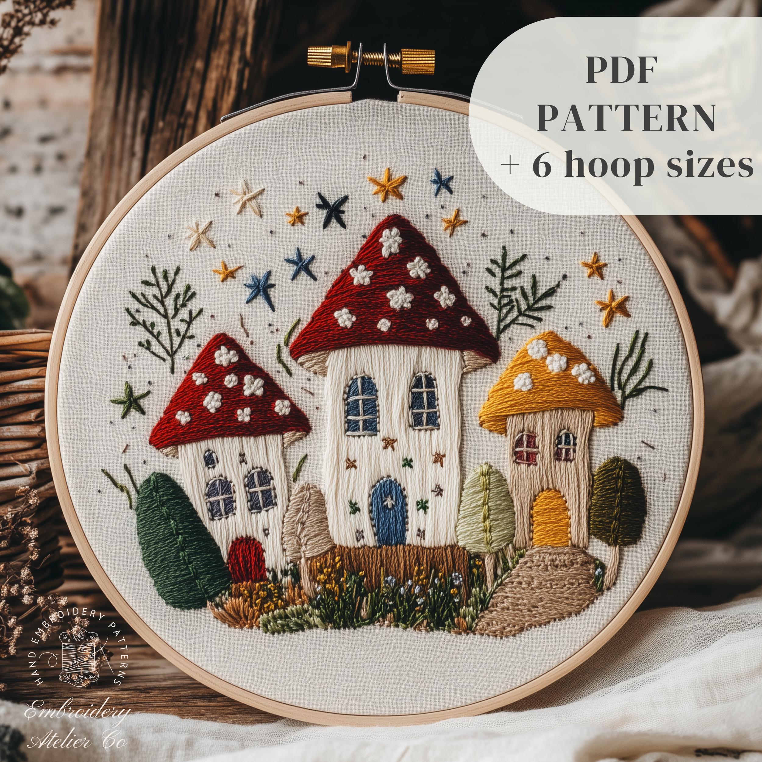 キノコの家 手刺繍パターン、風変わりな刺繍デザイン、森のDIY刺繍