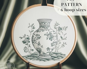 Schema PDF per ricamo a mano giapponese, disegno di un vaso floreale, ricamo fai da te su telaio, schema digitale per principianti.