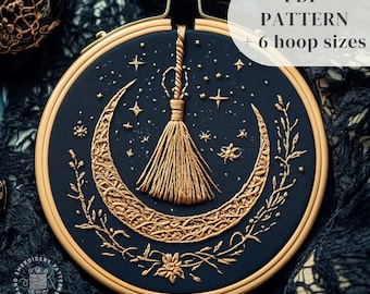 Witch Broom and Moon Embroidery Design, Witchy Hand Embroidery Pattern, Halloween Stitching Template, DIY Halloween Craft, Digital Download