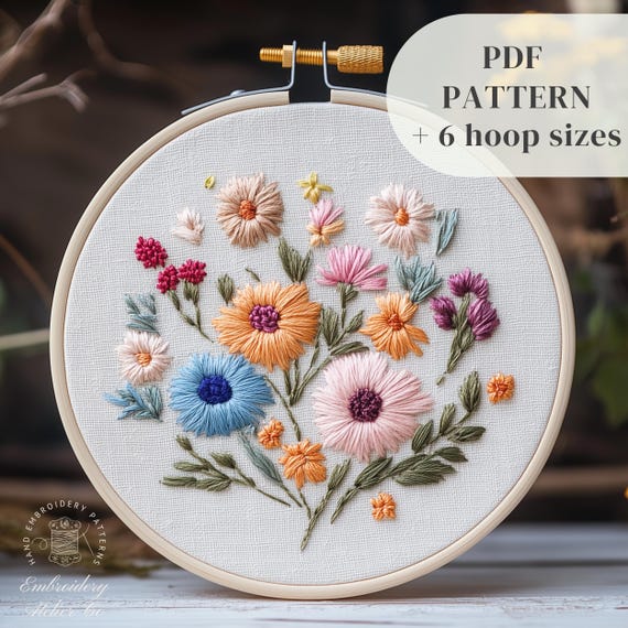 春の花の手刺繍パターン、花柄刺繍デザイン、花のステッチテンプレート