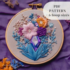 Floral Crystal Embroidery PDF Pattern, Witchy Hand Embroidery Design, Wiccan Hand Stitching Template, Beginner Needlepoint, Digital Download
