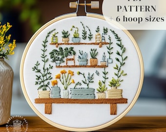 House Plants Shelves Embroidery Pattern, Potted Plants Hand Embroidery Design, Botanical DIY Embroidery Template, Digital Download
